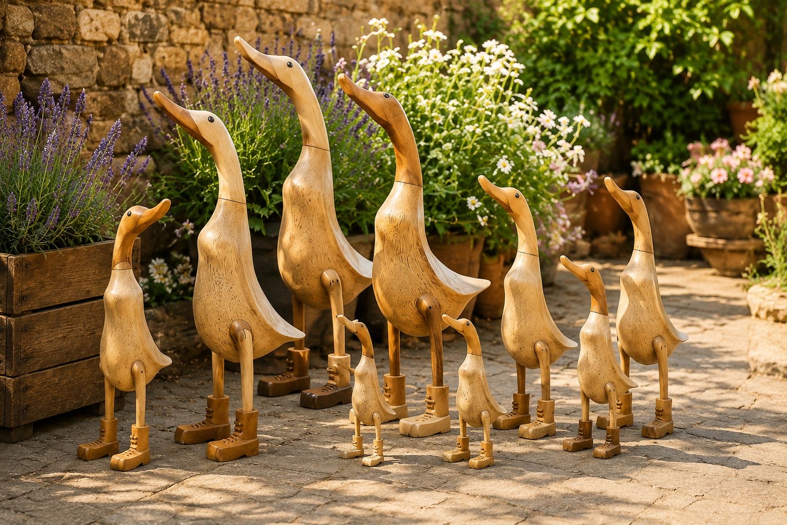 Rangée de canards en bois sculptés à la main devant un mur de pierre fleuri