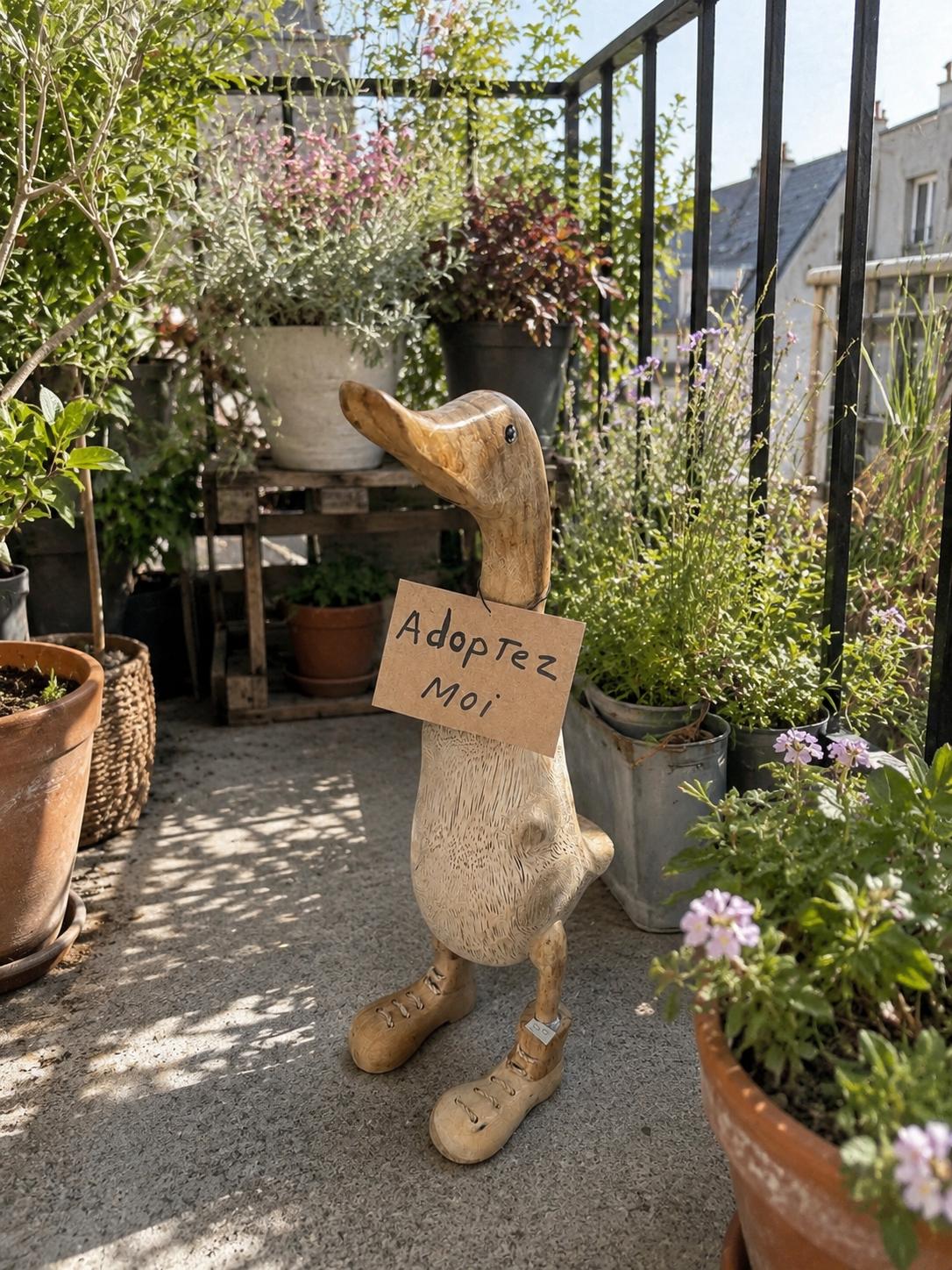 Canard en bois sur une terrasse ou un balcon, entouré de plantes