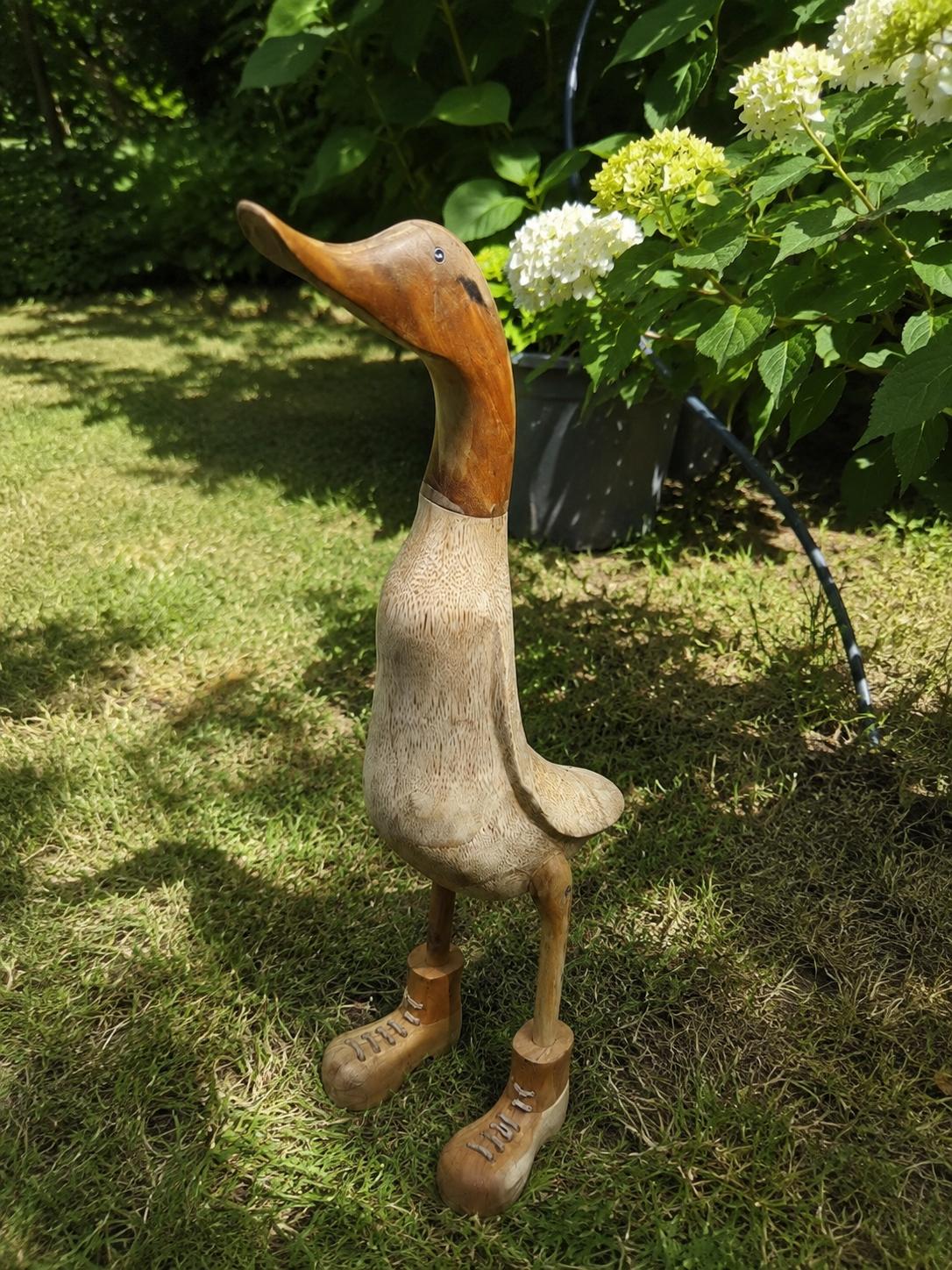 Canard en bois sculpté à la main installé au jardin, au milieu des plantes
