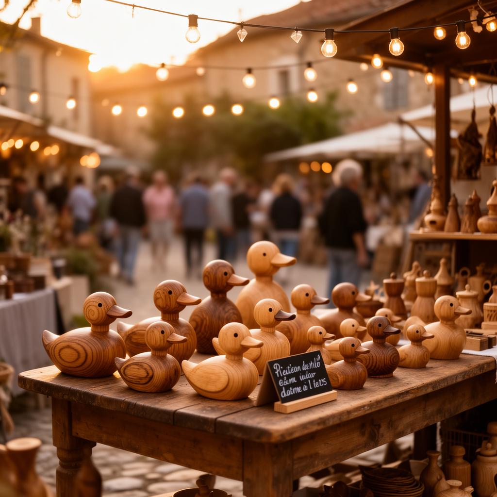 Stand artisanal présentant les canards en bois sur un marché